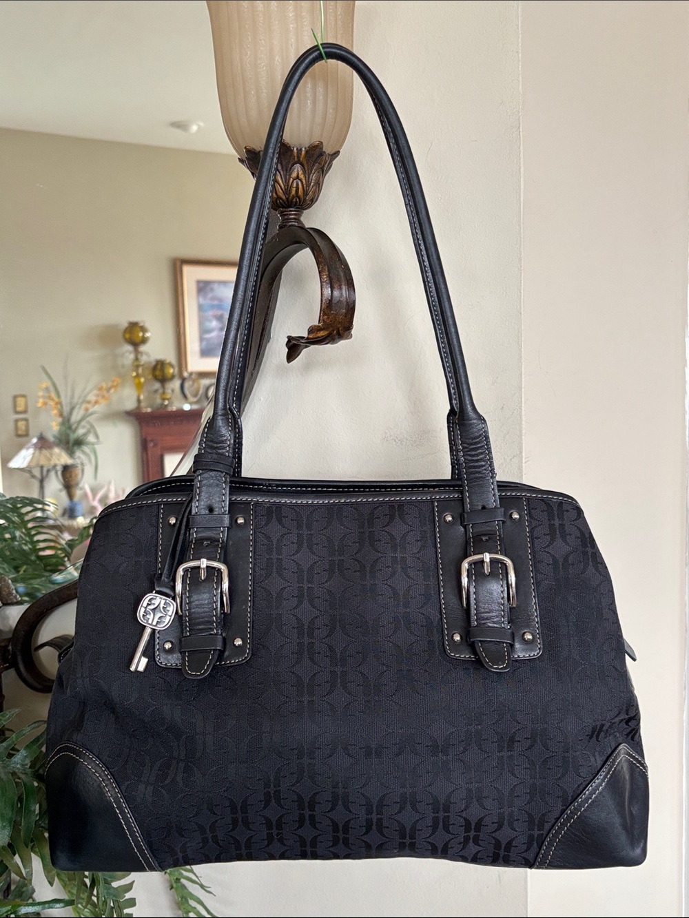 Vintage Y2K Fossil Large Black Canvas w/ Leather Trim Shoulder Bag Satchel Purse